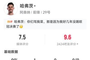 助球队欧冠领先!哈弗茨本场数据:3次射门,1粒进球,评分7.5配图